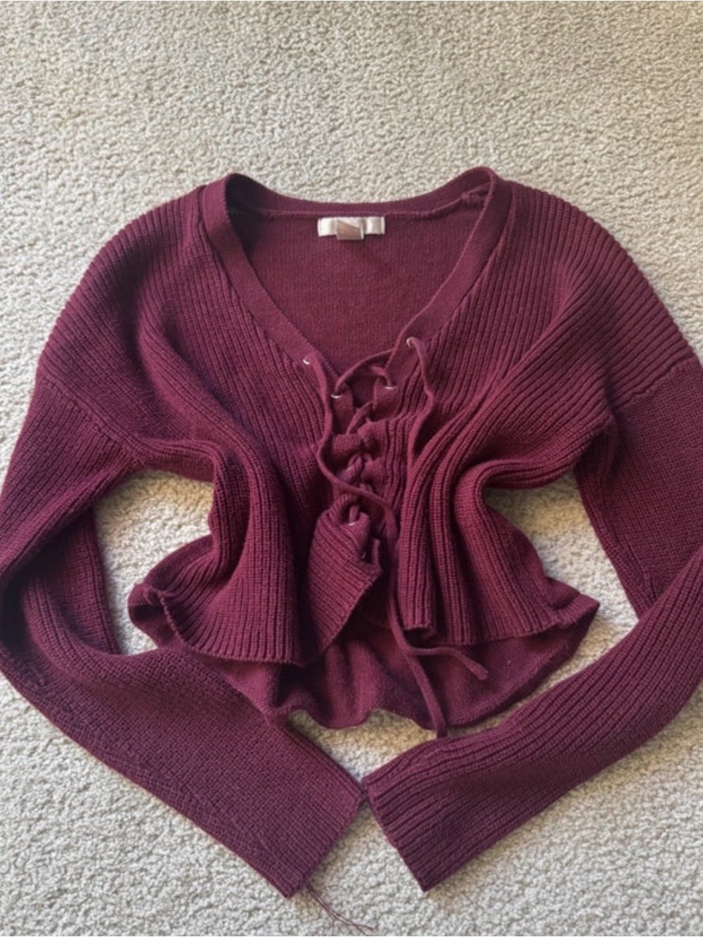 Forever 21 Women's Lace-Up V-Neck Sweater - Burgundy y2k
